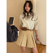 yesyellow学院风大百褶A字半身裙女2025夏季 韩卡其色高腰休闲短裙