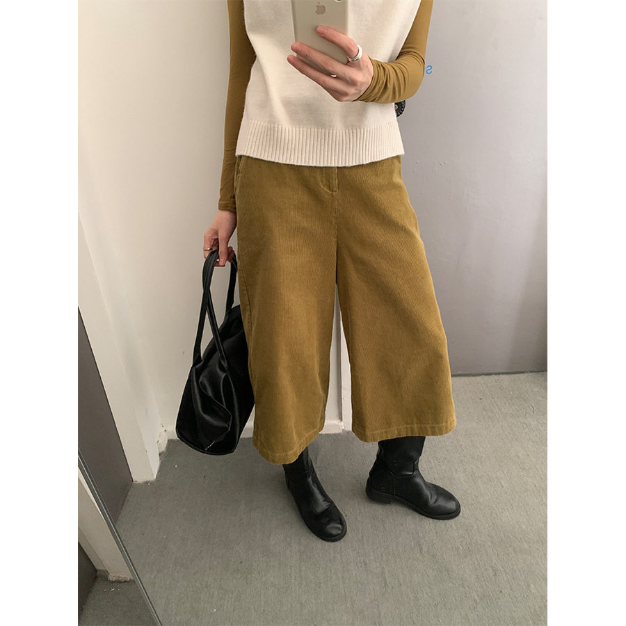 yesyellow复古松紧腰灯芯绒休闲裤女2025冬显瘦小个子阔腿八分裤
