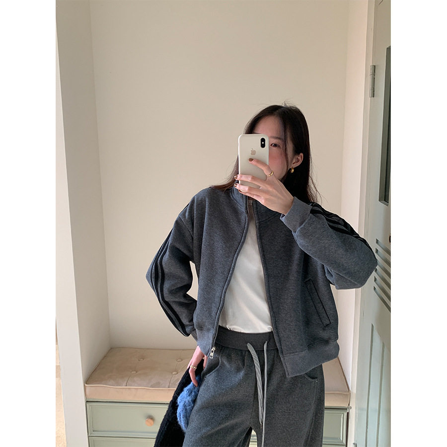 yesyellow小个子短款加绒卫衣外套女25冬季休闲杠条立领开衫上衣5