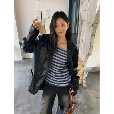yesyellow韩系高级感黑色皮衣西装外套女秋季宽松机车夹克