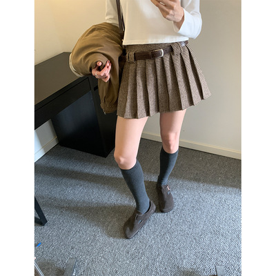yesyellow复古学院风磨毛格子百褶半身裙秋冬小个子高腰a字短裙