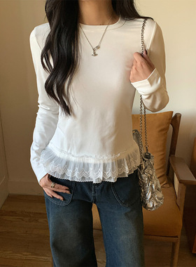 yesyellow韩蕾丝边圆领T恤2024年冬假两件宽松长袖女145TY1048