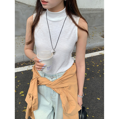 yesyellow韩系半高领纯色无袖吊带背心女打底衫T恤女