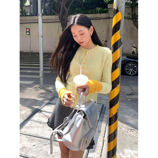 yesyellow韩系假两件撞色开衫冬季慵懒风毛衣精致外套女