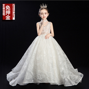 儿童礼服出租女童模特走秀高端晚礼服女孩钢琴演出气质长拖尾租赁