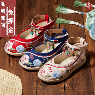 出租女童中国风走秀女鞋民族风儿童绣花鞋宝宝古装表演鞋演出配饰