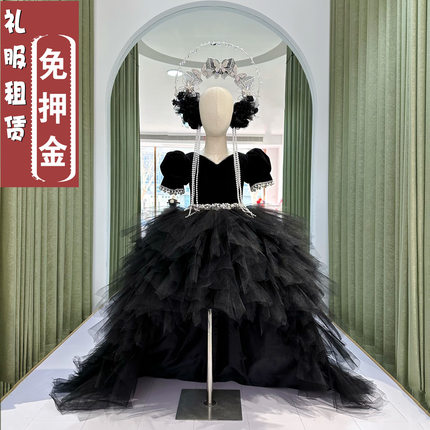 出租女童黑色礼服 女孩前短后长国潮模特T台走秀古筝双排键演出服