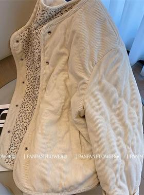 小众设计感灯芯绒拼接碎花菱格棉服外套女秋冬季新款宽松百搭棉衣