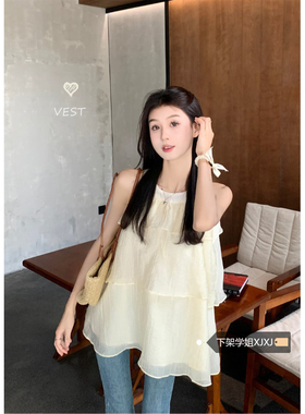 挂脖圆领露肩吊带背心女春季2025新款休闲宽松显瘦荷叶边气质上衣