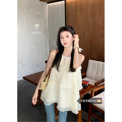挂脖圆领露肩吊带背心女春季2025新款休闲宽松显瘦荷叶边气质上衣
