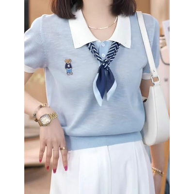 丝巾polo领蓝色短袖针织衫