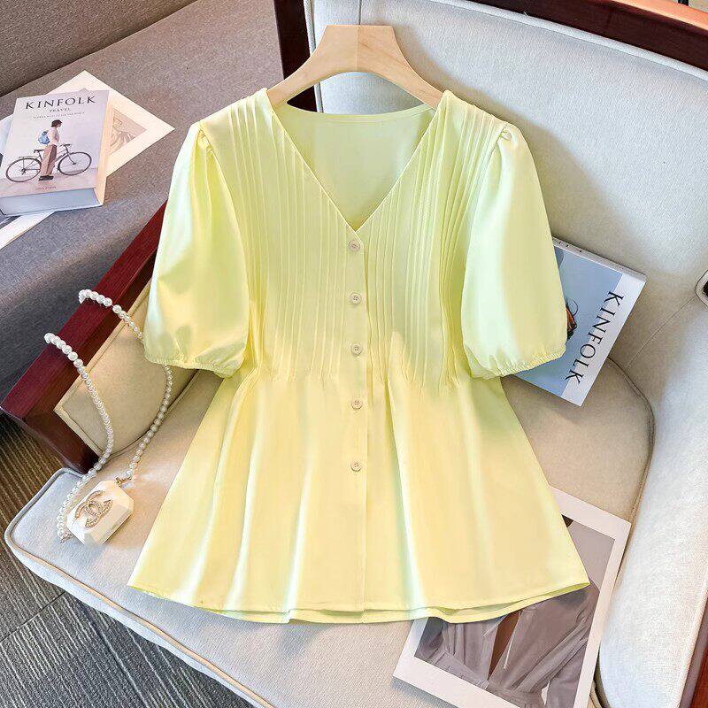 2026夏季新款法式通勤风V领泡泡袖雪纺衬衫女收腰显瘦黄色上衣潮