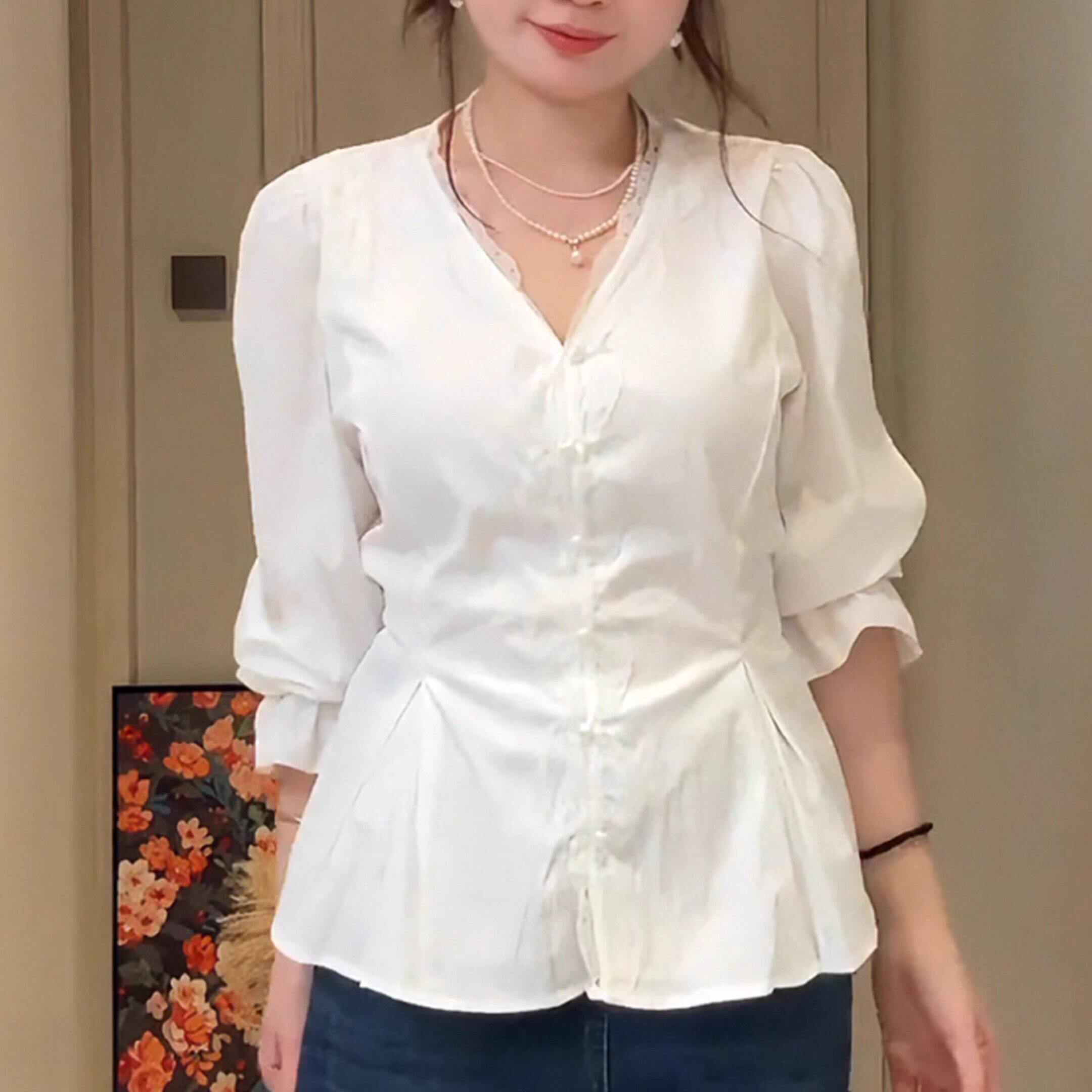 法式V领白色泡泡袖衬衫女春季新款大码胖mm收腰显瘦气质长袖上衣