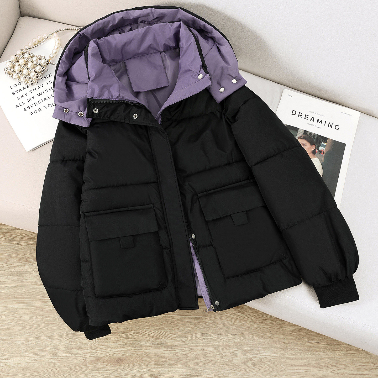 2025冬装女撞色连帽宽松棉衣