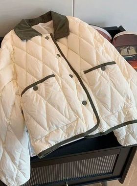 短款菱格小香风撞色翻领羽绒棉服秋冬2025时尚宽松百搭轻薄棉外套