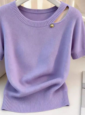 2026夏季新款女士时尚减龄冰丝薄款上衣超好看紫色圆领短袖针织衫