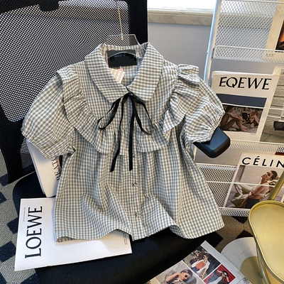 法式黑色格子绑带娃娃衫衬衣女泡泡袖小众甜美短袖短款衬衫夏2025