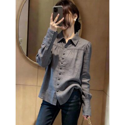 韩系法式设计感灰色长袖衬衫女通勤小众气质上衣2026春季新款百搭