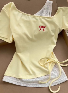 舒服好看又出片！减龄显嫩少女感斜肩短袖T恤夏季蝴蝶结刺绣上衣