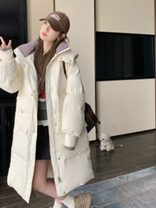 现货2023冬季新款拼色长款羽绒服外套连帽白鸭绒706-P355-K528图片