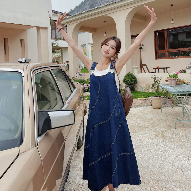 牛仔背带裙女2025春夏季新款韩系复古百搭遮肉修身宽松A字连衣裙,女装连衣裙,浙宝179