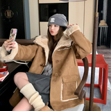 咖色温柔风连帽麂皮绒皮毛一体羊羔毛外套女秋冬2025新款爆款棉服，女装皮草，浙宝179