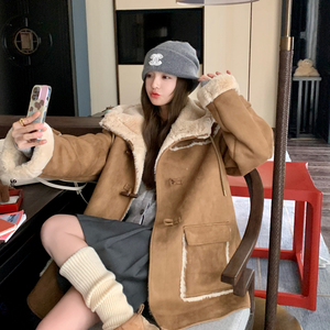 咖色温柔风连帽麂皮绒皮毛一体羊羔毛外套女秋冬2025新款爆款棉服,女装皮草,浙宝179