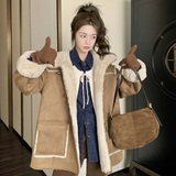 咖色温柔风连帽麂皮绒皮毛一体羊羔毛外套女秋冬2025新款爆款棉服，女装皮草，浙宝179