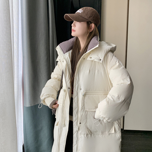 现货2023冬季新款拼色长款羽绒服外套连帽白鸭绒706-P355-K528