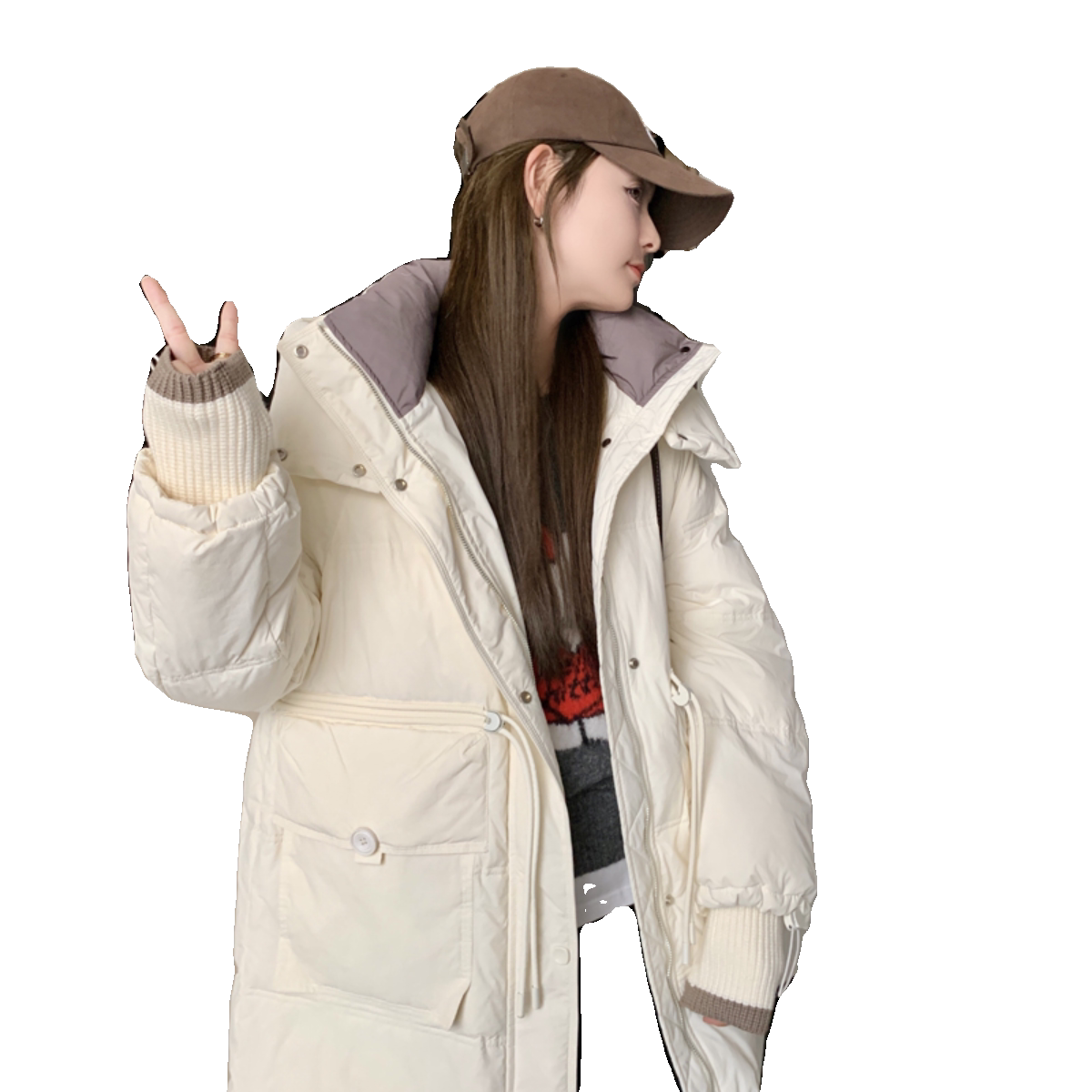 2023冬季新款拼色长款羽绒服外套连帽白鸭绒706-P355-K528,女装棉衣/棉服,浙宝179