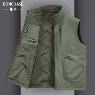 秋冬季两面穿马甲中老年人加绒加厚冬装工装多袋爸爸保暖背心外套