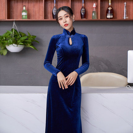 时尚长袖纯色半高领复古性感丝绒长款日常女士打底旗袍平时可穿冬