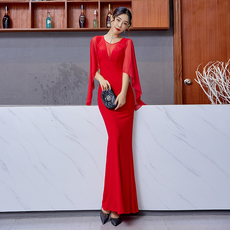 性感深v领长袖鱼尾长裙公司年会礼服裙韩版纯色修身显瘦连衣裙女