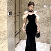 长裙女黑色手工钉钻名媛宴会礼服裙包臀 丝绒修身 性感时尚 挂脖无袖