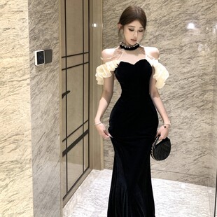 性感时尚挂脖无袖丝绒修身长裙女黑色手工钉钻名媛宴会礼服裙包臀