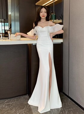 性感吊带晚礼服宴会高端气质名媛荷叶开叉白色长款主持人礼服裙女