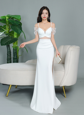 性感吊带晚礼服女白色长裙低胸开叉包臀裙气质名媛聚会显瘦连衣裙
