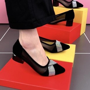 新款 品牌特價 真皮網(wǎng)紗單鞋 女2024夏季 鏤空透氣粗跟尖頭淺口工作鞋