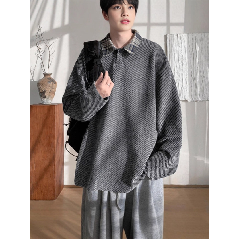 2025年秋冬新款POLO毛衣美式复古休闲慵懒风V领针织衫男拼接上衣