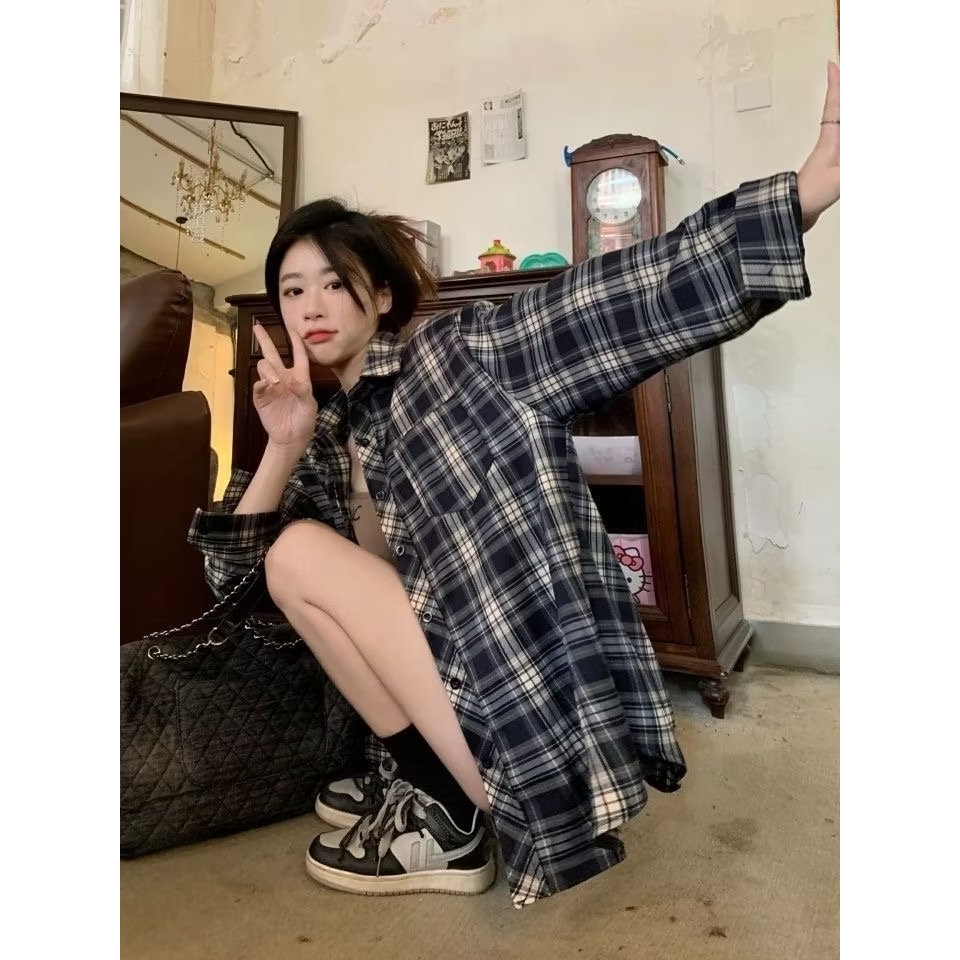 潮牌双色磨毛格子衬衫男女春季复古美式宽松休闲长袖衬衣情侣外套