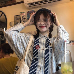实价 刺绣条纹衬衫 8076 美式 上衣ins潮 女2025春秋新款 百搭长袖