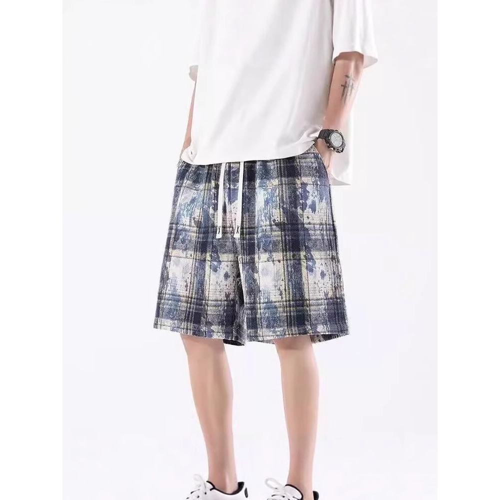 扎染格子短裤男女同款夏季小众设计感时尚港风复古休闲五分裤外穿