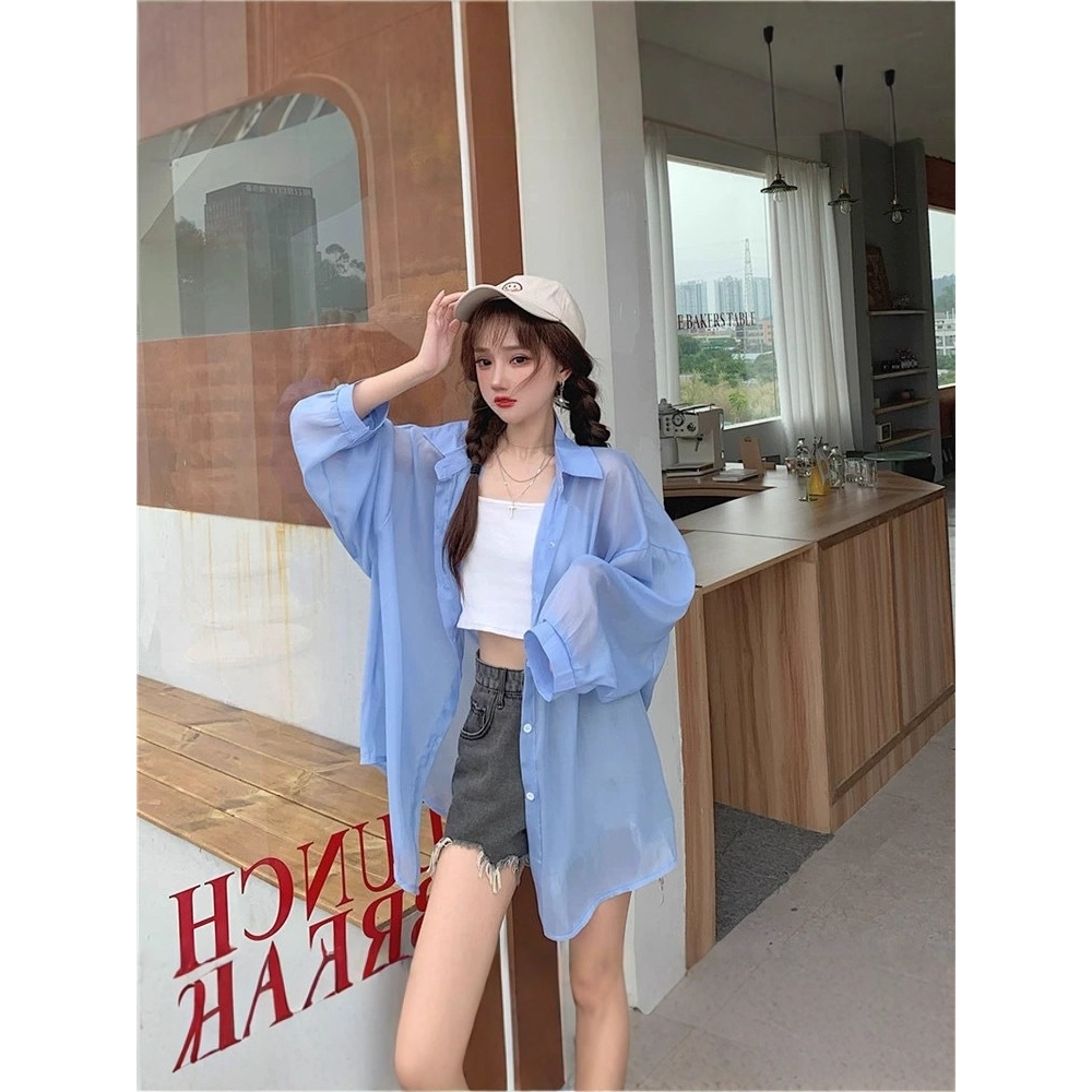 夏季港式宽松防晒衬衫女清新风透气百搭遮阳遮盖薄款外套衬衫上衣