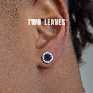 TWO S925纯银黑玛瑙罗马数字耳钉圆形百搭街头男女潮耳饰 LEAVES