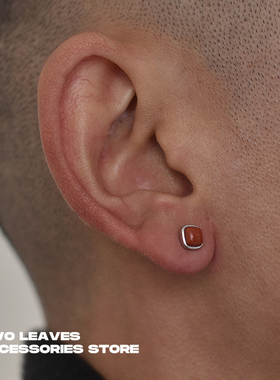 TWO LEAVES S925纯银南红玛瑙耳钉潮流男女情侣复古气质方形耳饰