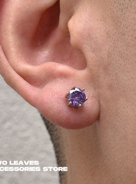 TWO LEAVES S925纯银深紫色锆石六爪耳钉潮流街头镶钻男女款耳饰