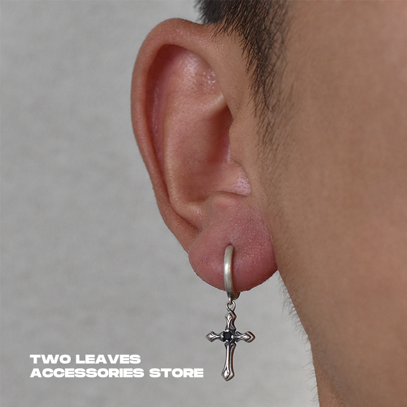 TWOLEAVES925银做旧十字架耳环