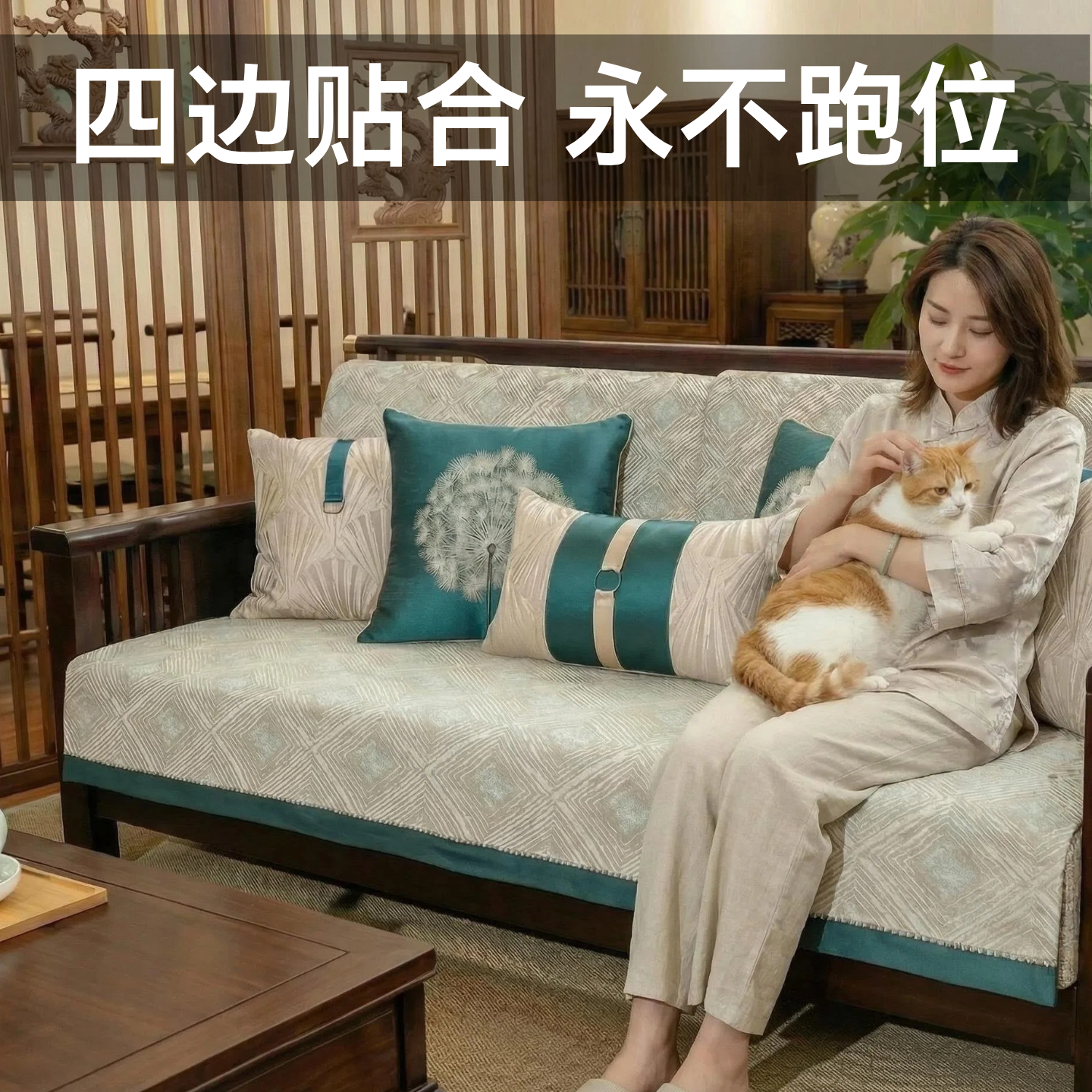 新中式沙发垫四季通用防滑垫子高端中式实木沙发套罩坐垫全包定制