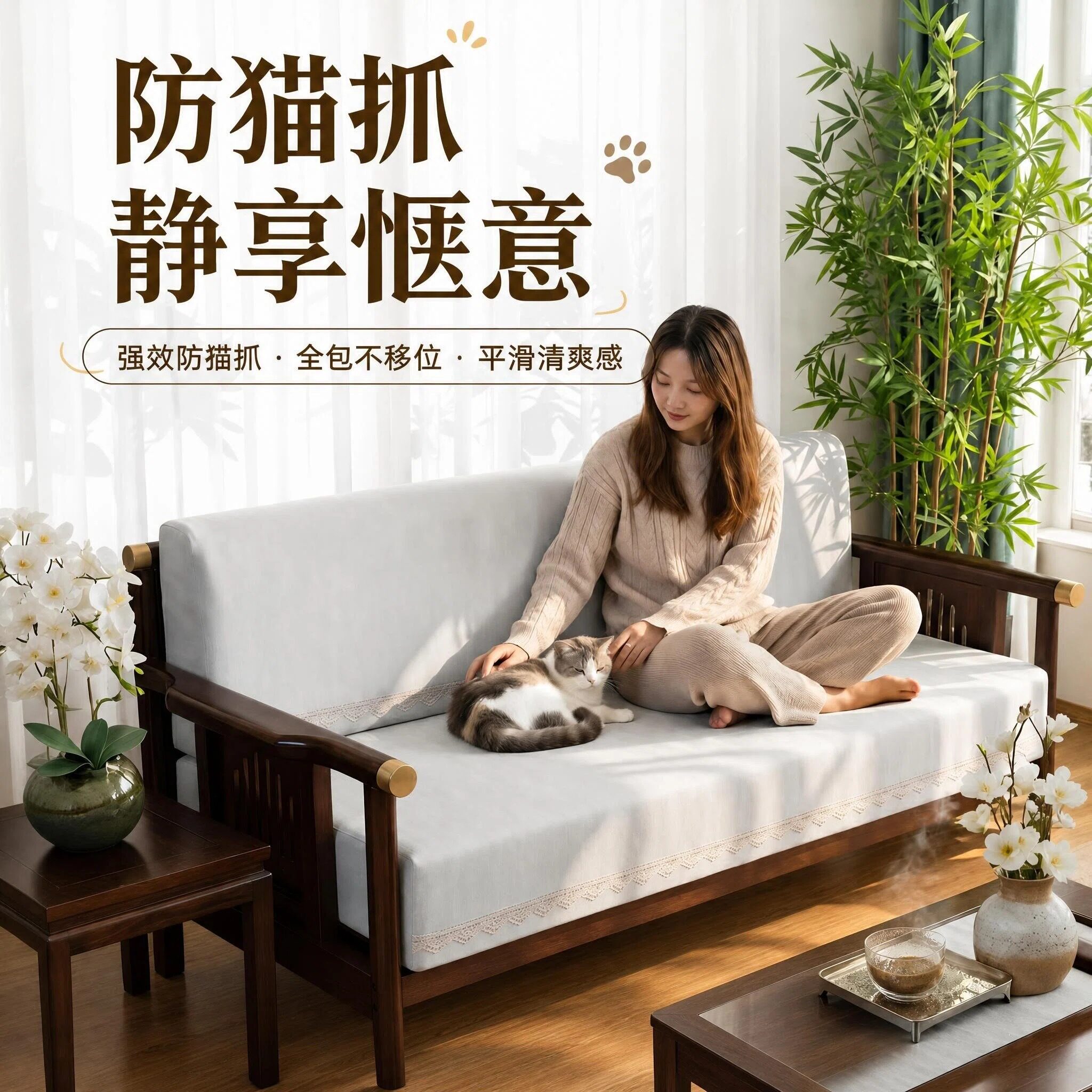 新中式防猫抓沙发垫夏季全包不移位棉麻简约客厅静享惬意防滑垫