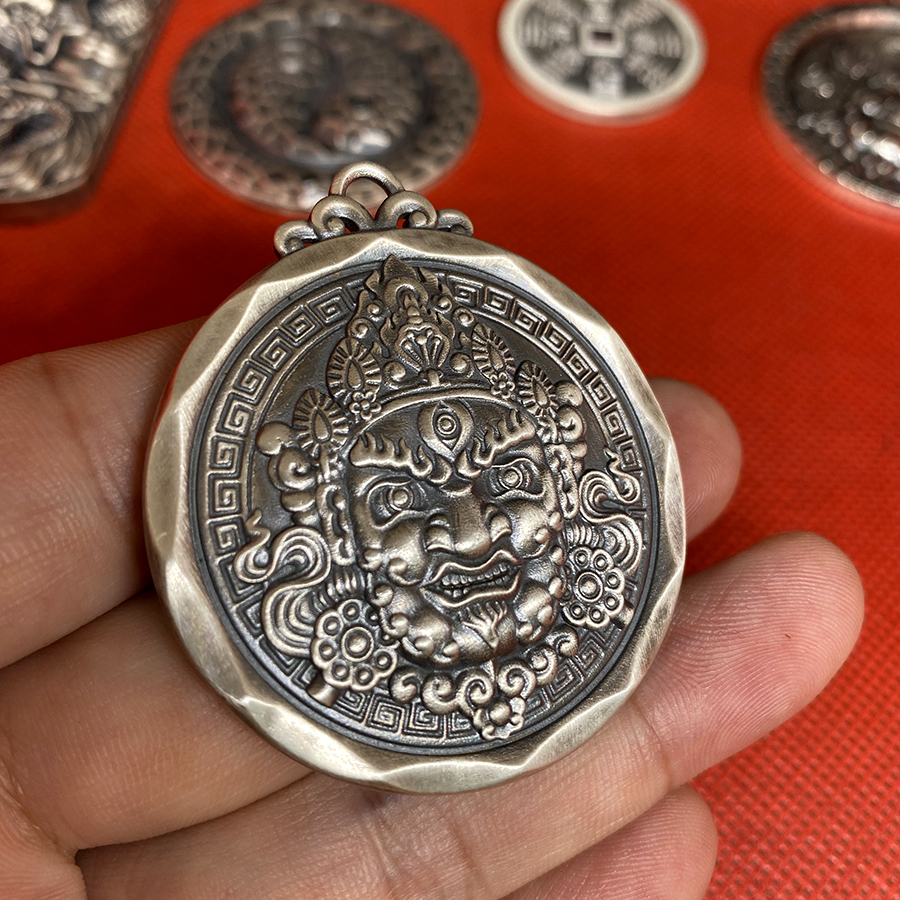 999纯银实心黄财神吊坠立体实心本命佛守护足银项链男霸气银牌